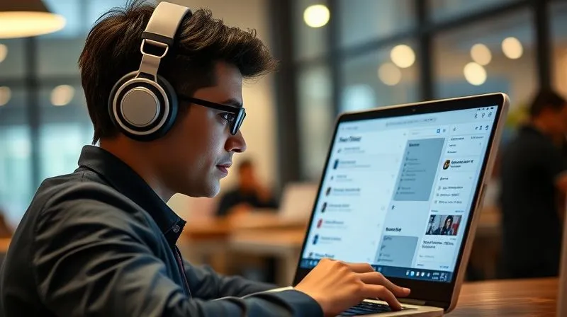A photorealistic, professional photography, 8K, cinematic lighting, sharp focus, depth of field, shot on a high-end DSLR, depicting a digital nomad deeply focused on their laptop in a modern coworking space. They are wearing noise-canceling headphones, and their screen shows a task management app with clear, organized tasks. The background is slightly blurred, suggesting activity but the nomad remains undisturbed. The scene conveys intense concentration and productivity.