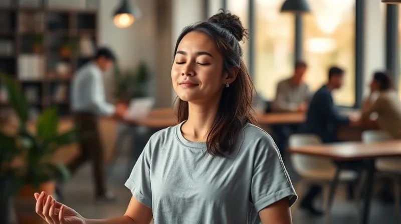 A photorealistic, professional photography, 8K, cinematic lighting, sharp focus, depth of field, shot on a high-end DSLR, depicting a digital nomad taking a mindful break in a serene corner of a modern coworking space. They are practicing light stretching or meditation, with soft natural light illuminating their calm expression. The background shows blurred elements of a bustling coworking, emphasizing a moment of personal well-being amidst activity. The scene conveys balance and self-care.