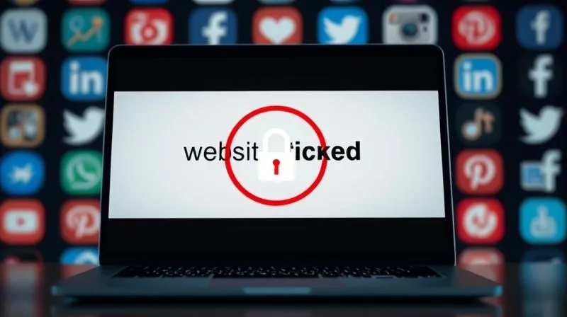 A photorealistic image of a laptop screen displaying a 'website blocked' message with a digital lock icon, overlaid on a blurred background of social media logos, cinematic lighting, sharp focus on the blocked message, 8K hyper-detailed.