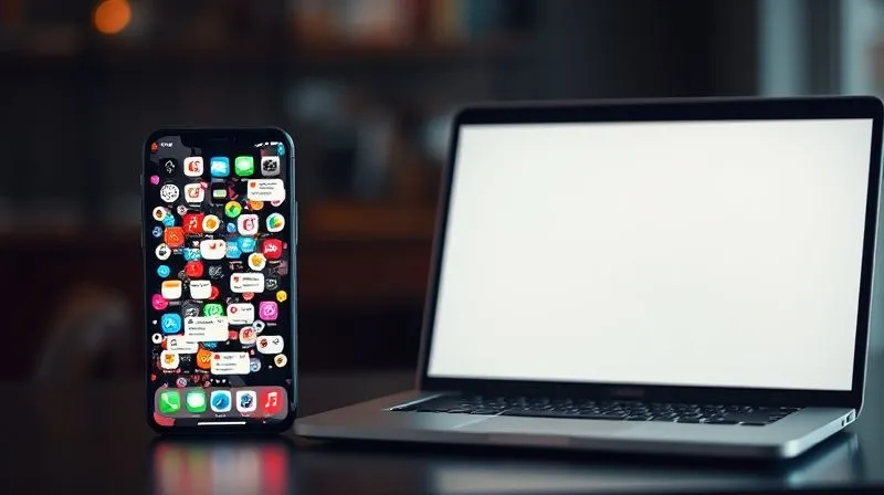A photorealistic image contrasting a chaotic phone screen full of notification bubbles with a serene, minimalist laptop screen displaying a focus-oriented application, cinematic lighting, sharp focus on both screens, depth of field separating them, 8K hyper-detailed.