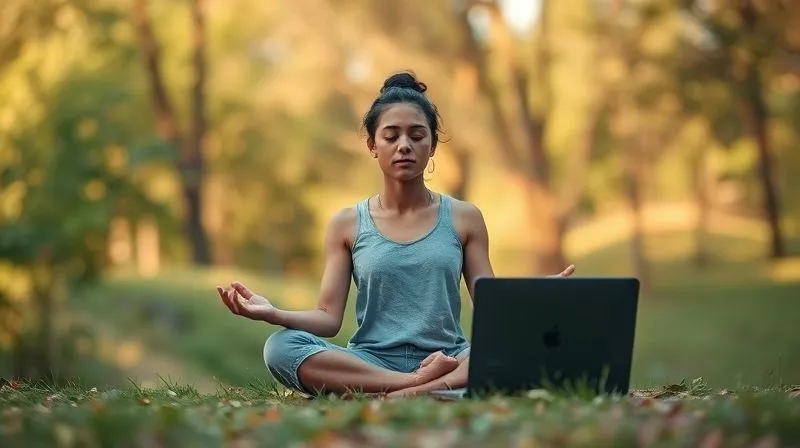 A photorealistic image of a digital nomad sitting calmly in a beautiful, natural outdoor setting, meditating with a laptop closed beside them, symbolizing mental clarity and balance amidst technology. Cinematic lighting, sharp focus on the person, depth of field blurring the background of nature, 8K hyper-detailed.
