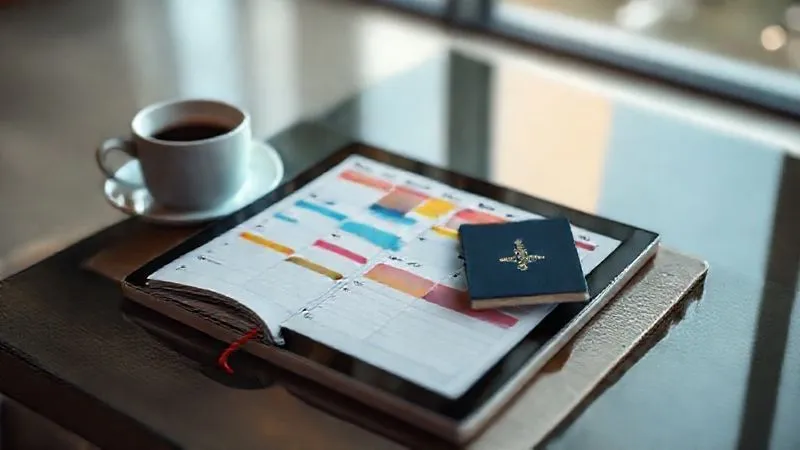 photorealistic image of a minimalist digital planner open on a tablet, displaying color-coded time blocks for different tasks, with a cup of coffee and a passport in the blurred background, cinematic lighting, sharp focus on the tablet, depth of field, 8K, shot on a high-end DSLR, professional photography.