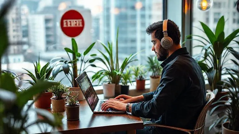 photorealistic image of a digital nomad working intensely on a laptop in a cozy, well-organized co-working space in a vibrant city, surrounded by plants, with a 'do not disturb' sign visible, cinematic lighting, sharp focus on the person and laptop, depth of field, 8K, shot on a high-end DSLR, professional photography.