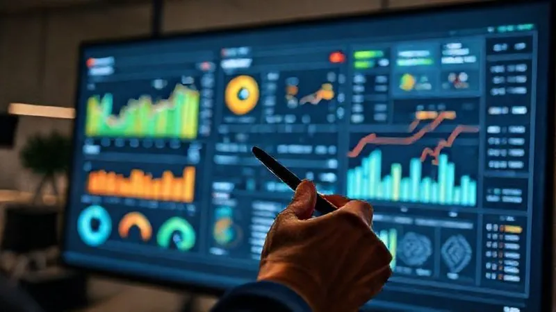 photorealistic image of a data dashboard on a large monitor, showing productivity metrics and time allocation charts in an easy-to-understand visual format, with a hand holding a stylus pointing to an area for improvement, cinematic lighting, sharp focus on the screen, depth of field, 8K, shot on a high-end DSLR, professional photography.