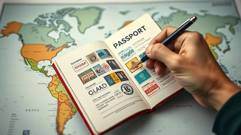 A photorealistic image of a passport open to a page with multiple colorful stamps, resting on a map of the world, with a hand holding a pen pointing to a specific country. Cinematic lighting, sharp focus on the passport and map, depth of field blurring the background, 8K hyper-detailed, professional photography, shot on a high-end DSLR.