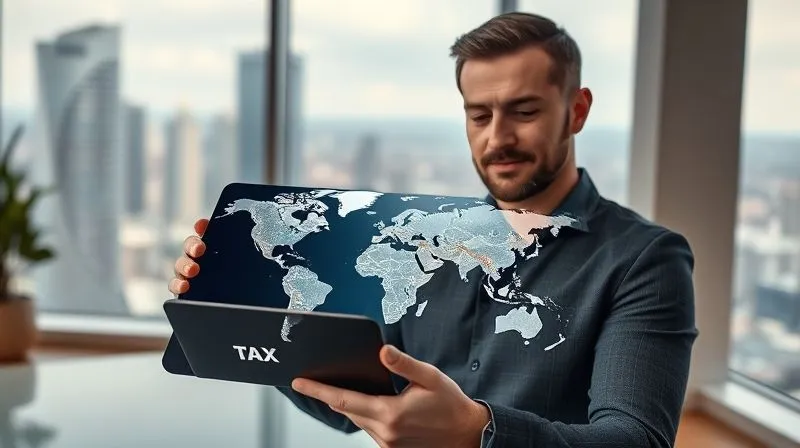 A photorealistic image of a person confidently looking at a tablet displaying a world map with interconnected financial data points, symbolizing global tax optimization. The background is a modern, minimalist office with a large window overlooking a city. Cinematic lighting, sharp focus on the tablet and person's face, depth of field blurring the background, 8K hyper-detailed, professional photography, shot on a high-end DSLR.