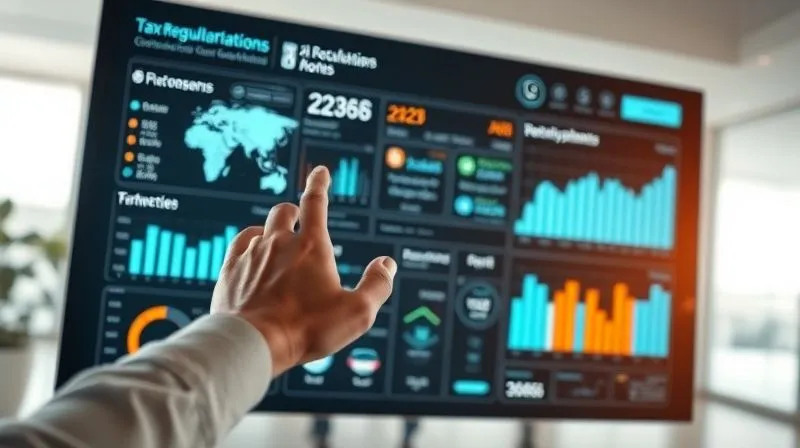 A photorealistic image of a futuristic dashboard displaying financial data, tax regulations from various countries, and AI-driven insights, projected holographically in a modern, sleek environment. A hand is interacting with the projections. Cinematic lighting, sharp focus on the holographic display, depth of field blurring the background, 8K hyper-detailed, professional photography, shot on a high-end DSLR.