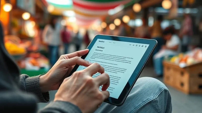 Photorealistic image of a digital nomad quickly typing notes into a Notion page on a tablet, while sitting in a vibrant, bustling outdoor market. The tablet screen shows a simple, clean note-taking interface. Cinematic lighting, sharp focus on the tablet and hands, depth of field blurring the background market activity. 8K hyper-detailed, professional photography.