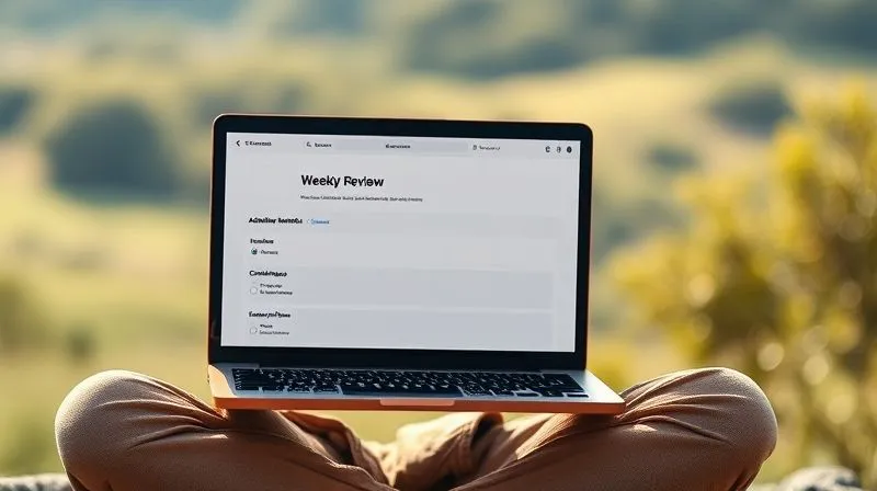 Photorealistic image of a digital nomad sitting calmly, looking at a Notion page on a laptop that displays a 'Weekly Review' template with sections for achievements, challenges, and future plans. The background shows a peaceful, inspiring natural setting, suggesting reflection and growth. Cinematic lighting, sharp focus on the laptop, depth of field blurring the background. 8K hyper-detailed, professional photography.