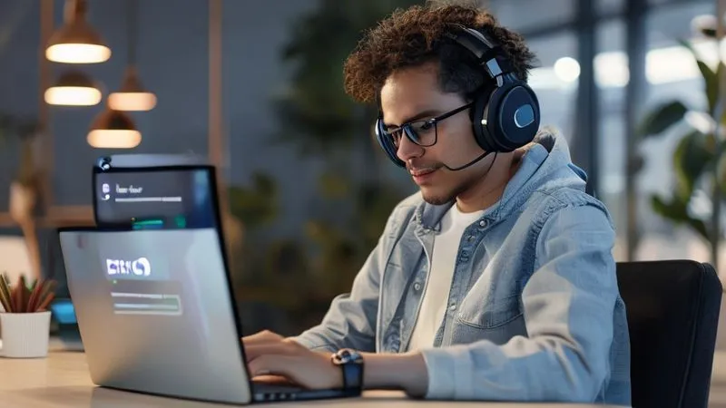 A photorealistic image of a digital nomad sitting calmly in a minimalist, light-filled co-working space, wearing noise-canceling headphones and looking focused at a laptop screen, which displays a Slack interface with minimal, muted notifications. A 'Do Not Disturb' icon is subtly visible. The scene evokes a sense of peace and deep work, emphasizing digital well-being and focused learning. Professional photography, 8K, cinematic lighting, sharp focus on the nomad's serene expression, depth of field blurring the background, shot on a high-end DSLR.