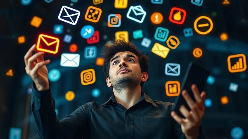 A photorealistic image of a digital nomad juggling multiple glowing digital tasks (represented by icons like email, calendar, social media, invoices) with a stressed expression, while a calm, streamlined version of themselves watches from a distance, surrounded by automated, smoothly flowing digital processes. Cinematic lighting, 8K, sharp focus, depth of field, shot on a high-end DSLR.