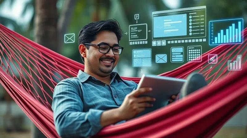 A photorealistic image depicting a seamless digital sales funnel, with emails, social media posts, and CRM dashboards flowing automatically from one stage to the next, represented by glowing data streams. In the background, a digital nomad is relaxing on a hammock, looking at a tablet with a satisfied smile. 8K, cinematic lighting, sharp focus, depth of field, shot on a high-end DSLR.