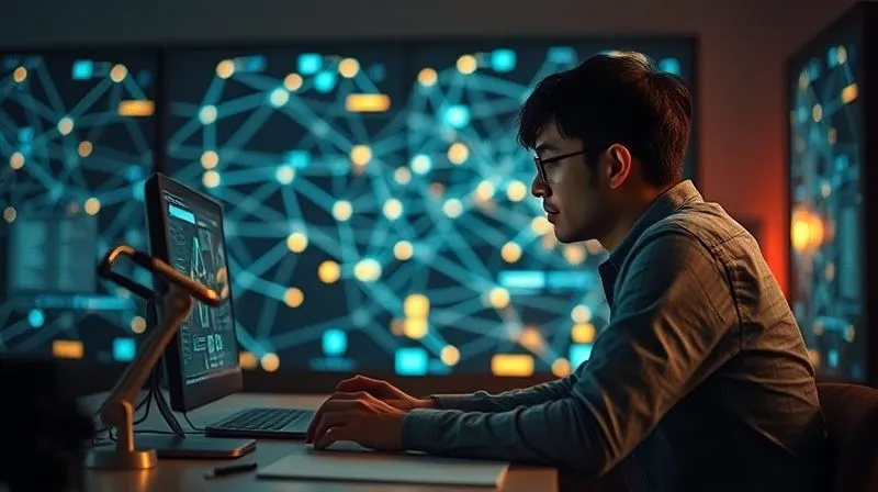 A photorealistic image of a digital nomad sitting at a desk, looking at a complex web of glowing lines and icons on a screen, initially overwhelmed. Gradually, the lines simplify and streamline, and the nomad's expression shifts to one of understanding and control. Cinematic lighting, 8K, sharp focus, depth of field, shot on a high-end DSLR.