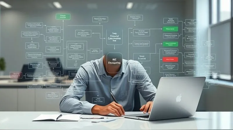 A photorealistic, professional photography image of a digital nomad sitting at a clean desk, surrounded by a transparent overlay of a complex, yet clearly organized, digital flowchart. The flowchart visually maps out various tasks and decisions, with some paths highlighted in green (efficient) and others in red (bottlenecks). Cinematic lighting, sharp focus on the nomad and the flowchart, depth of field blurring the background, 8K hyper-detailed.