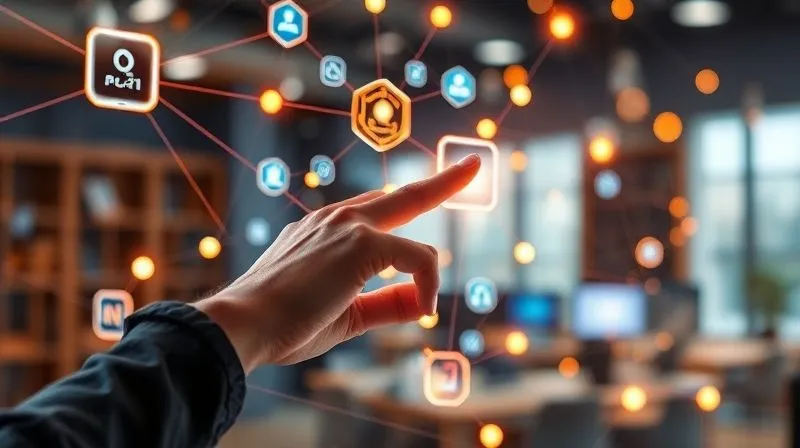 A photorealistic, professional photography image of a network of glowing digital tools and applications interconnected by vibrant energy lines, forming a seamless, efficient system. In the foreground, a human hand gently touches a holographic interface, symbolizing control and effortless interaction. The background is a soft blur of a modern, organized workspace. Cinematic lighting, sharp focus on the digital network, depth of field, 8K hyper-detailed.