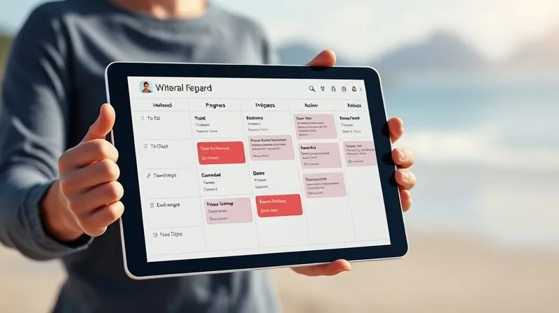 A photorealistic image of a sleek, digital Kanban board displayed on a transparent tablet screen, held by a digital nomad. The board shows tasks organized into columns like 'To Do', 'In Progress', 'Review', and 'Done', with vibrant cards moving across. In the background, a blurred but beautiful landscape (e.g., a beach or mountain range) hints at the nomad's location, emphasizing the flexibility. Cinematic lighting, sharp focus on the Kanban board, depth of field, 8K hyper-detailed.