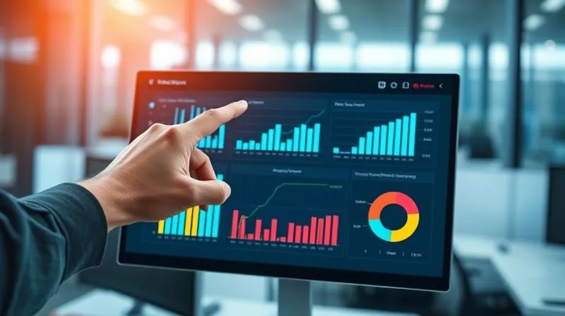 A photorealistic image of a sophisticated digital dashboard displaying various performance metrics for a digital nomad's business. The dashboard features clean, modern graphs (e.g., bar charts for time spent, line graphs for revenue growth, pie charts for task completion rates) with vibrant colors. A hand points to a specific metric, indicating analysis. The background is a blurred, futuristic office setting. Cinematic lighting, sharp focus on the dashboard, depth of field, 8K hyper-detailed.