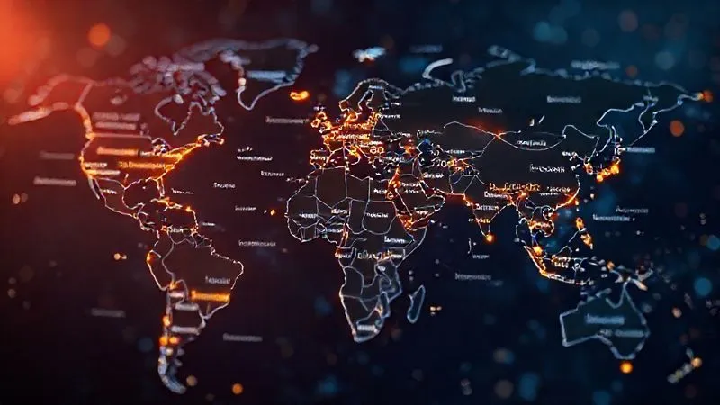 A world map with various search terms in different languages overlayed, connected by glowing lines to specific regions, photorealistic, cinematic lighting, sharp focus on the glowing lines, depth of field blurring the background, 8K hyper-detailed, professional photography.