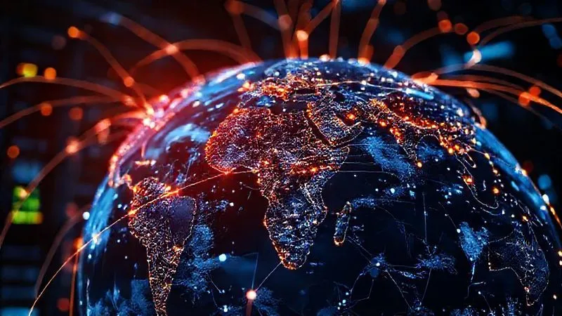 A complex digital network of servers and data flowing rapidly across a globe, symbolizing website speed and global connectivity, with glowing lines connecting different continents, photorealistic, 8K, cinematic lighting, sharp focus on the data flow, depth of field blurring the background, professional photography.