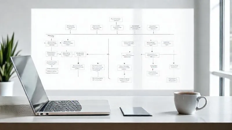 A photorealistic image of a detailed flowchart diagram, brightly lit, showing interconnected tasks and decision points, projected onto a modern, minimalist workspace with a laptop and a cup of coffee. The diagram has clear labels and arrows, symbolizing a streamlined and optimized process, 8K, cinematic lighting, sharp focus, depth of field.