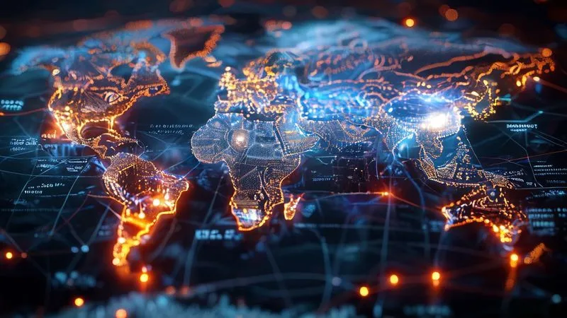 A photorealistic image of a world map with interconnected lines representing digital nomad routes, and small glowing icons indicating different tax jurisdictions, emphasizing complexity and the need for clear residency. Professional photography, 8K, cinematic lighting, sharp focus.