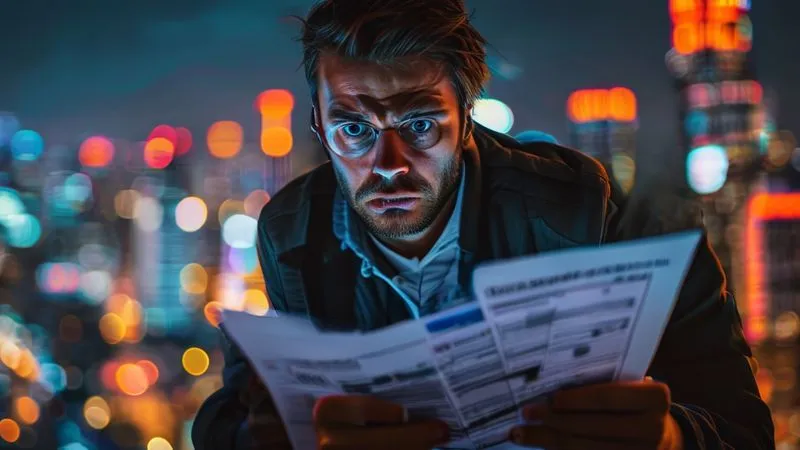 A photorealistic image of a digital nomad looking stressed while holding a complex tax form related to cryptocurrency, with a blurred background of international cityscapes. The form has many fields for crypto transactions. Dramatic lighting, sharp focus on the form and the nomad's anxious expression. Professional photography, 8K.