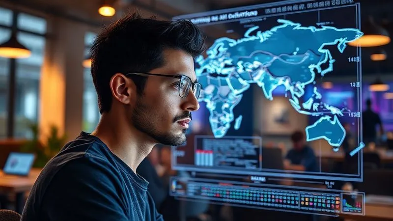 A photorealistic image of a digital nomad looking at a complex holographic interface displaying AI algorithms and data visualizations, with a map of the world in the background. The scene is set in a modern co-working space, with cinematic lighting, sharp focus on the nomad's thoughtful expression, depth of field blurring the background, 8K hyper-detailed, shot on a high-end DSLR.
