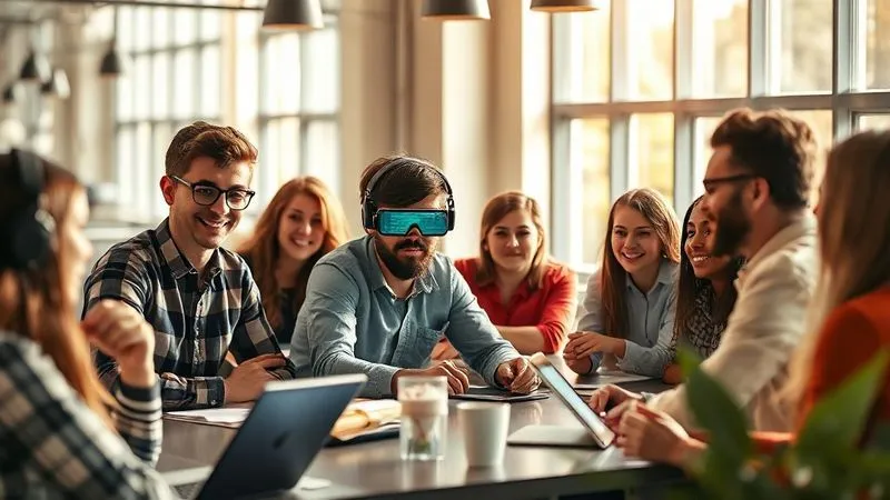 A photorealistic image of a diverse group of digital nomads in a modern, sunlit co-working space, actively participating in an AI workshop. A mentor, an experienced digital nomad, is at the front, projected with holographic AI interfaces. The atmosphere is collaborative and inspiring, with cinematic lighting, sharp focus on the engaged participants, depth of field blurring the background, 8K hyper-detailed, shot on a high-end DSLR.