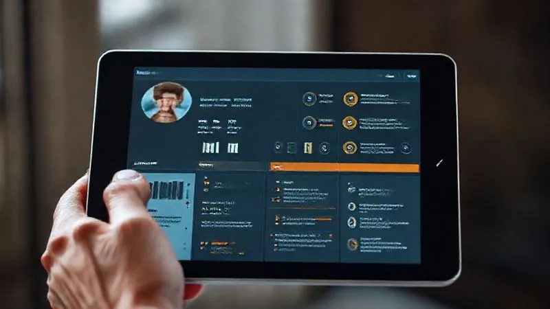 A photorealistic image of a detailed persona profile for a digital nomad, showing demographics, interests, and pain points, displayed on a tablet held by a hand. Cinematic lighting, sharp focus, 8K, professional photography, shot on a high-end DSLR.