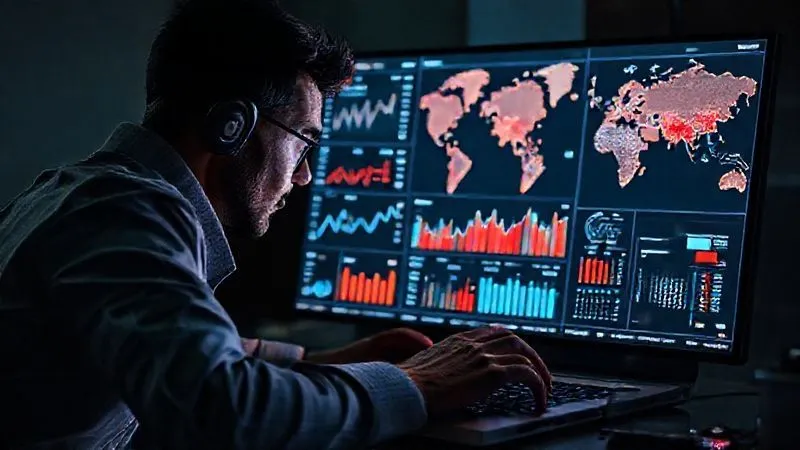A photorealistic image of a digital nomad intently analyzing a complex dashboard on a laptop, displaying various graphs and metrics for YouTube Ads performance, with a subtle overlay of a world map. Cinematic lighting, sharp focus, 8K, professional photography, shot on a high-end DSLR.