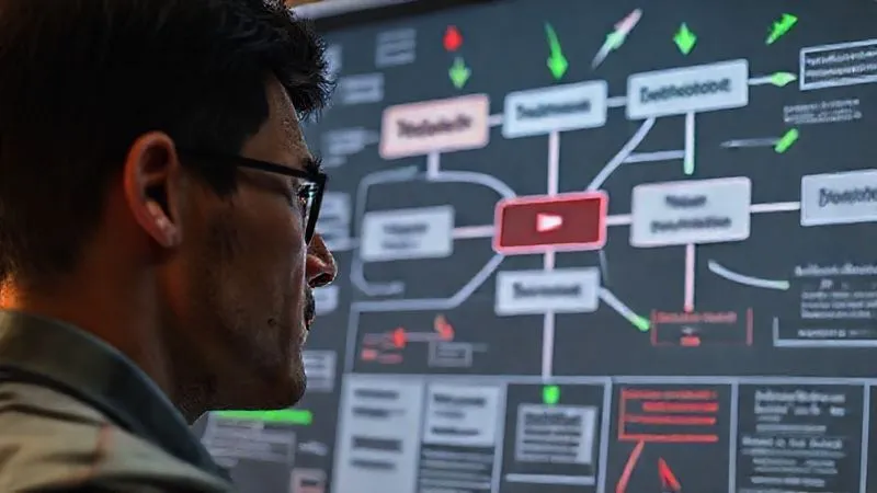 A photorealistic image of a digital nomad looking thoughtfully at a complex flowchart with arrows pointing to different YouTube Ads strategies, some green for success, some red for pitfalls, symbolizing strategic decision-making. Cinematic lighting, sharp focus, 8K, professional photography, shot on a high-end DSLR.