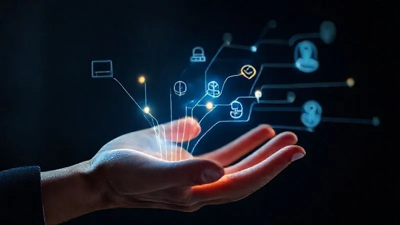 A photorealistic image of a person's hand with multiple glowing digital lines extending from it, each line representing a different income stream (e.g., laptop, book, microphone, currency symbols), converging into a single, strong flow. Cinematic lighting, sharp focus, depth of field. Shot on a high-end DSLR, 8K hyper-detailed, professional photography.