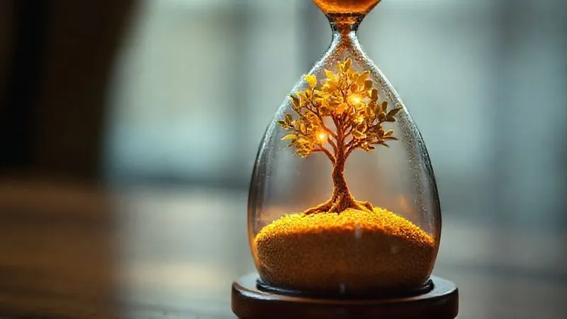 A photorealistic image of a vintage hourglass, with fine golden sand flowing steadily from the top bulb to the bottom, where a small, intricate seed is visibly growing into a robust, glowing tree of money. Cinematic lighting, sharp focus on the hourglass and growing tree, depth of field blurring the background. Shot on a high-end DSLR, 8K hyper-detailed, professional photography.