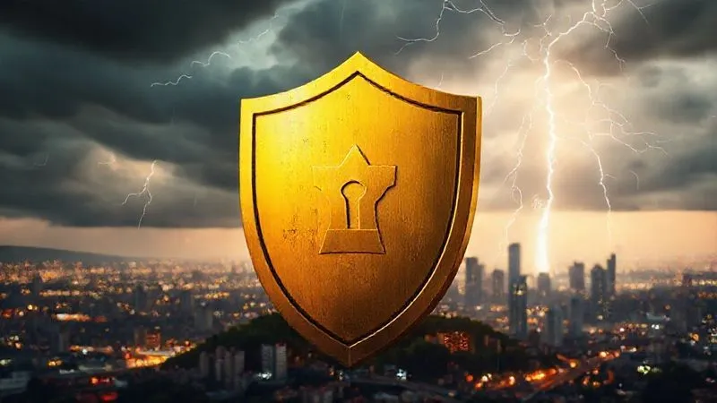 A photorealistic image of a robust, golden shield or barrier protecting a small, vibrant city (representing financial security) from stormy clouds and lightning (representing unexpected expenses/income drops). Cinematic lighting, sharp focus on the shield, depth of field blurring the background. Shot on a high-end DSLR, 8K hyper-detailed, professional photography.