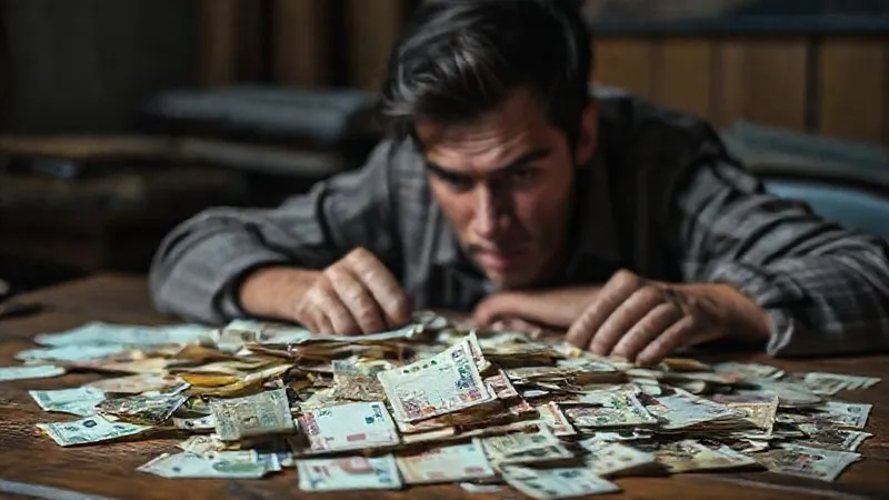 A photorealistic image of a stressed digital nomad looking at a pile of various bills and receipts from different countries, some in foreign currencies, scattered on a worn wooden table. The lighting is dim, emphasizing the feeling of overwhelm and uncertainty. Sharp focus on the scattered bills, depth of field blurring the background, 8K hyper-detailed, professional photography, shot on a high-end DSLR.