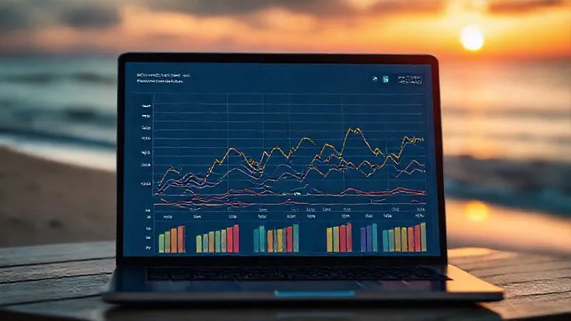 A photorealistic and professional data visualization showing a complex but clear line graph tracking various digital nomad expenses (accommodation, transport, food) over a 12-month period, with clear seasonal peaks and troughs. The graph is displayed on a sleek, modern laptop screen, with a blurred background of a scenic beach at sunset, implying freedom and control. Cinematic lighting, sharp focus on the screen, 8K hyper-detailed, professional photography, shot on a high-end DSLR.