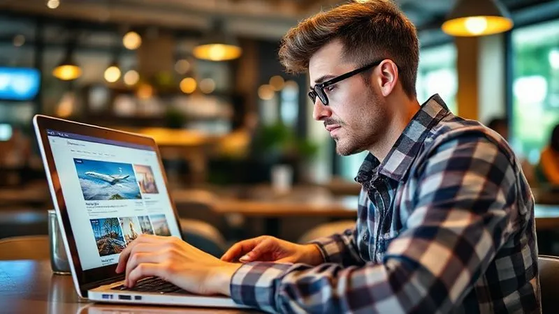 A photorealistic image of a digital nomad, with a focused expression, actively researching flight and accommodation deals on a laptop. Multiple browser tabs are open, showing different travel websites. The background is a brightly lit, modern cafe, with a sense of purposeful activity. Cinematic lighting, sharp focus on the laptop screen and the nomad's hands, depth of field blurring the cafe background, 8K hyper-detailed, professional photography, shot on a high-end DSLR.