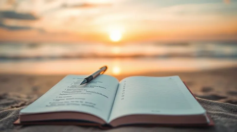 A photorealistic image of an open notebook with a meticulously organized checklist, pen poised above it, set against a blurred background of a serene beach at sunset. The checklist has clear, concise items, evoking a sense of calm and control. Cinematic lighting, sharp focus on the notebook, depth of field blurring the beach, 8K hyper-detailed, professional photography, shot on a high-end DSLR.