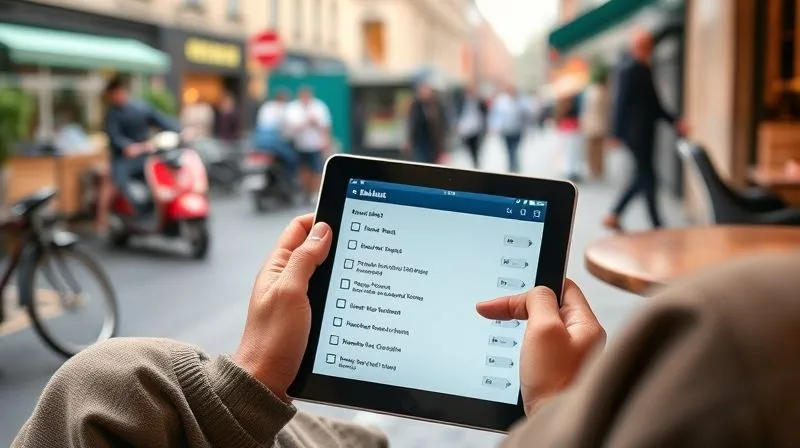 A photorealistic image of a digital nomad sitting comfortably in a cafe, reviewing a digital checklist on a tablet. The screen displays a clear, hierarchical list with completed items checked off. The background shows a bustling but calm street scene. Cinematic lighting, sharp focus on the tablet and hands, depth of field blurring the street, 8K hyper-detailed, professional photography, shot on a high-end DSLR.