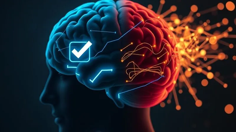 A photorealistic image of a person's brain, subtly glowing with clear, organized pathways on one side, while the other side is a chaotic, tangled mess of glowing lines. A digital checklist app icon is subtly integrated into the organized side, symbolizing mental clarity. Cinematic lighting, sharp focus on the brain, depth of field blurring the background, 8K hyper-detailed, professional photography, shot on a high-end DSLR.