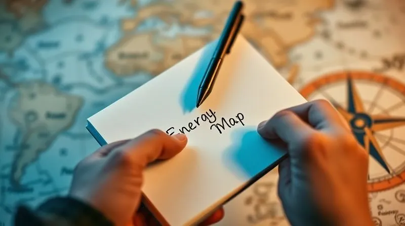 A photorealistic image of a person's hand holding a pen, writing in a minimalist notebook with "Energy Map" title, surrounded by a travel-themed background like a blurred map or a compass. Cinematic lighting, sharp focus on the notebook, depth of field, 8K hyper-detailed, professional photography, shot on a high-end DSLR.