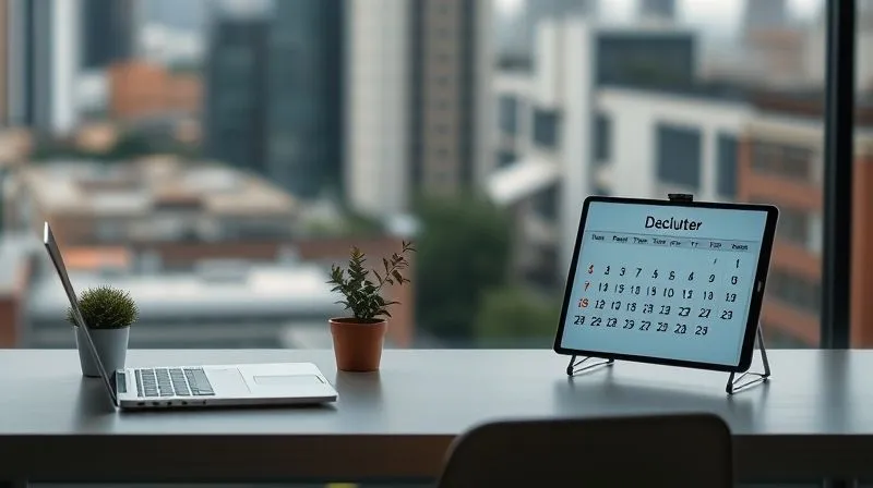 A photorealistic image of a minimalist desk with a laptop, a small plant, and a clear "Declutter" sign on a digital calendar. The background is a blurred cityscape or nature view. Cinematic lighting, sharp focus on the desk, depth of field, 8K hyper-detailed, professional photography, shot on a high-end DSLR.