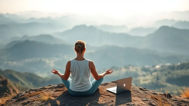 A photorealistic image of a person meditating calmly on a mountaintop overlooking a vast, beautiful landscape, with a laptop subtly placed beside them, symbolizing peace amidst their digital life. Cinematic lighting, sharp focus on the person, depth of field, 8K hyper-detailed, professional photography, shot on a high-end DSLR.
