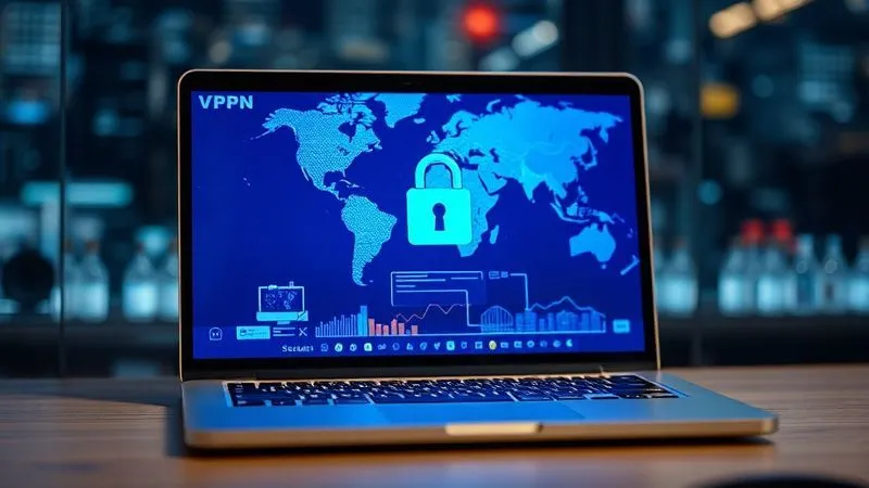 A digital nomad's laptop screen displaying a secure VPN connection, with a stylized padlock icon and a globe map in the background, all rendered in a photorealistic style with cinematic lighting, sharp focus, depth of field, 8K hyper-detailed, professional photography.