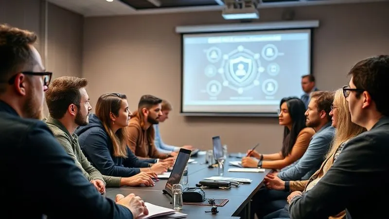 A diverse group of digital nomads participating in a cybersecurity training session, looking engaged and serious, with a projector screen showing abstract data protection icons and a mentor explaining concepts. Photorealistic, professional photography, 8K, cinematic lighting, sharp focus.
