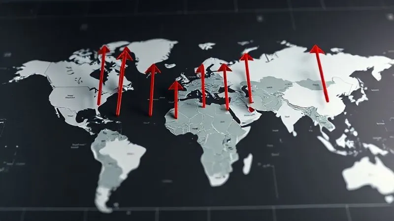 A photorealistic global economic map with various arrows pointing upwards, some indicating rising inflation, others currency fluctuations. The map is dynamic and slightly distorted, showing stress points. Professional photography, 8K, cinematic lighting, sharp focus on the map, depth of field, shot on a high-end DSLR.