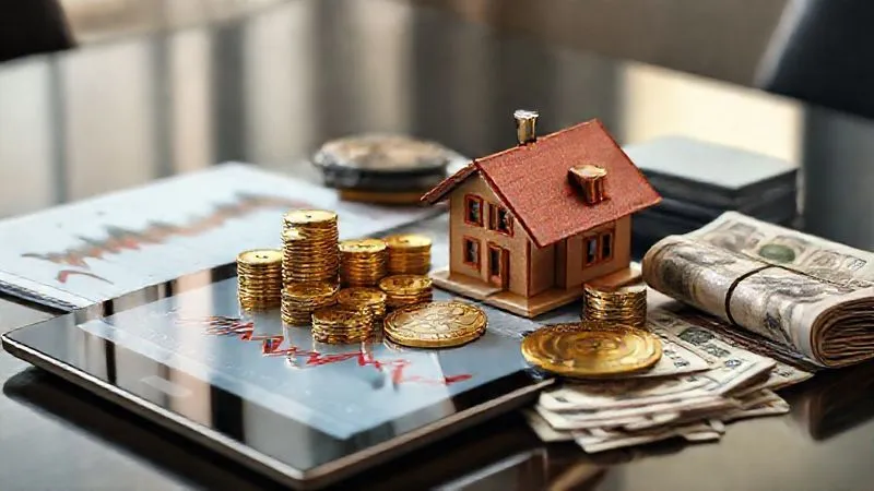 A photorealistic, highly detailed image of a diverse investment portfolio spread out on a table: a stack of gold coins, a small model house, a stock chart on a tablet, a cryptocurrency coin, and a bundle of various world currencies. Cinematic lighting, sharp focus on the assets, depth of field, 8K hyper-detailed, professional photography.