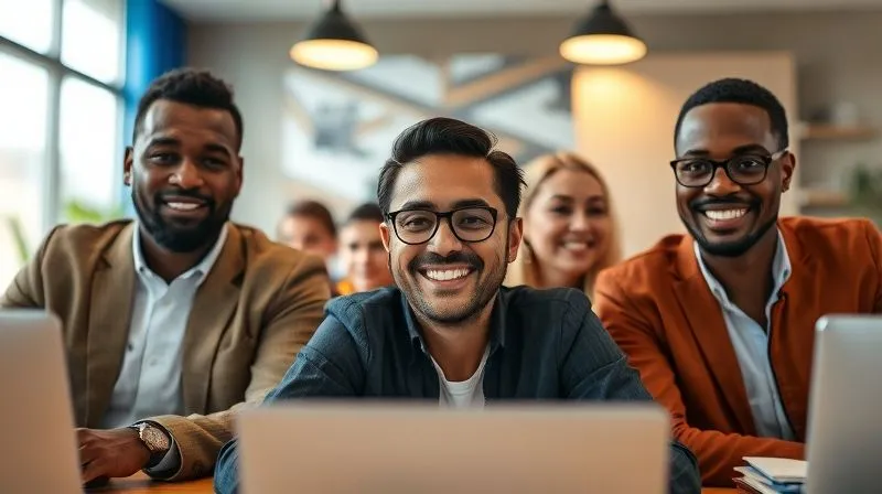 A photorealistic image of a diverse group of professionals on a video conference call, with one participant clearly identifiable as a digital nomad in a vibrant, yet professional, remote setting. Cinematic lighting highlights their focused expressions, with sharp focus on the individual and a depth of field blurring the background. Shot on a high-end DSLR, 8K hyper-detailed, conveying seamless remote collaboration and dedication.