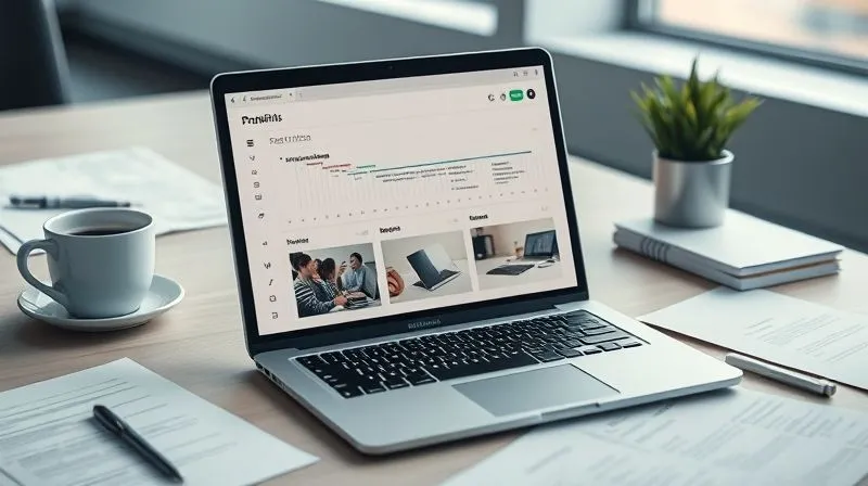 A photorealistic, high-angle shot of a meticulously organized digital portfolio on a sleek laptop screen, surrounded by professional-looking papers and a cup of coffee. Cinematic lighting emphasizes the crisp details of the screen content, showing project timelines and client testimonials. Sharp focus on the screen, depth of field blurring the background of a modern workspace. 8K hyper-detailed, professional photography, shot on a high-end DSLR.