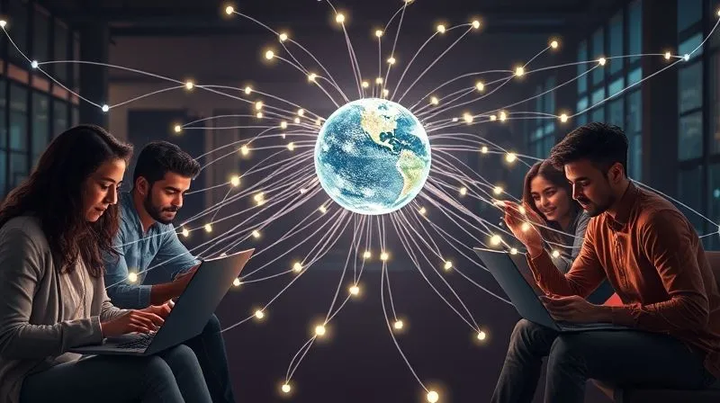 A photorealistic image of a diverse group of digital nomads, each with a laptop, connected by subtle, glowing lines of light that converge at a central, illuminated sphere, symbolizing trust and transparent communication. The atmosphere is warm and collaborative. 8K, professional photography, sharp focus, depth of field, shot on a high-end DSLR.